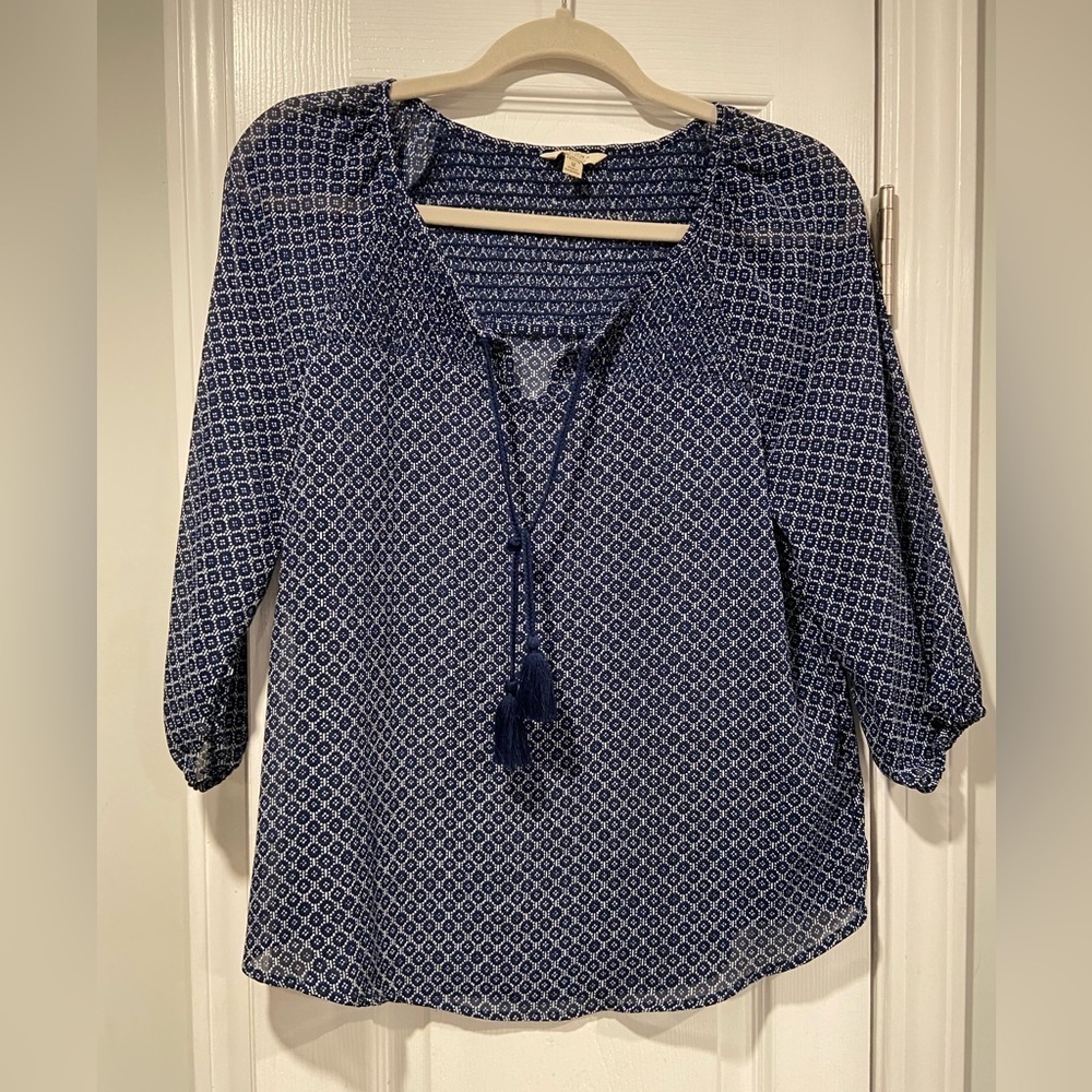 Sonoma Size MP Blue White Smocked V Neck Long Sleeve Sheer Tassel Peasant Blouse